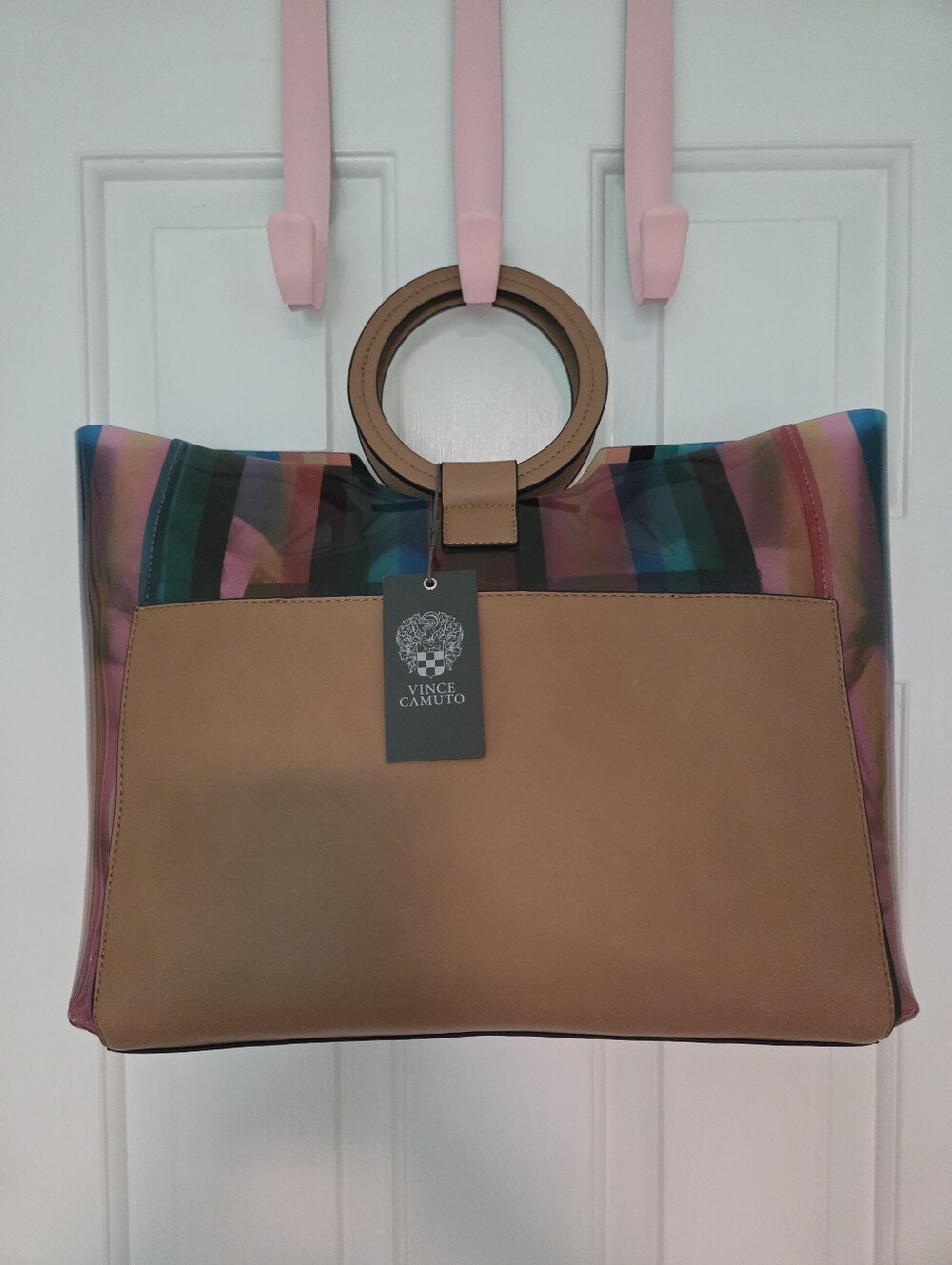 Vince Camuto Clea Tote, NWT, Multicolored Stripe and Brown Vegan Leather